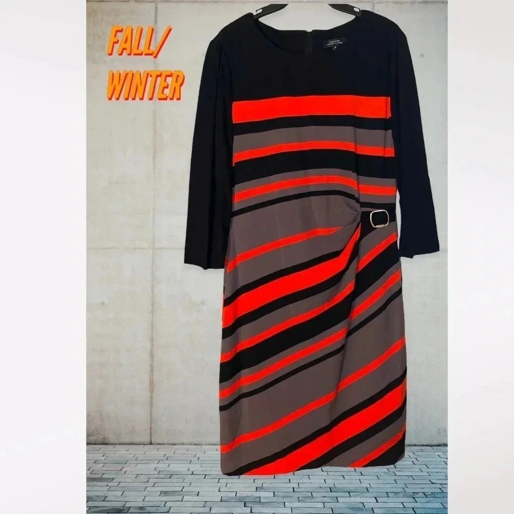 TAHARI ARTHUR S. L DRESS BLACK ORANGE BROWN STRIPED SIZE 12 SIDE BUCKLE ACCENT